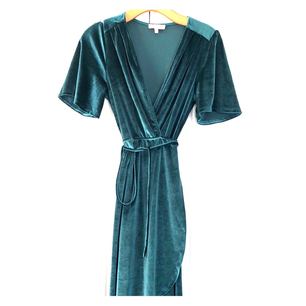 Emerald green velvet wrap dress